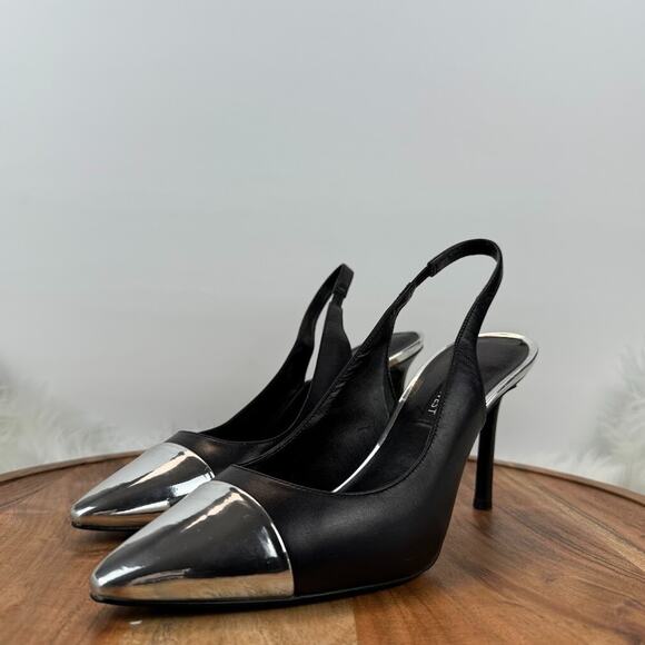 Nine West Sz 8M Black Silver Cap Toe Pointed Slingback Stiletto Heels Pumps Chic - Picture 9 of 14